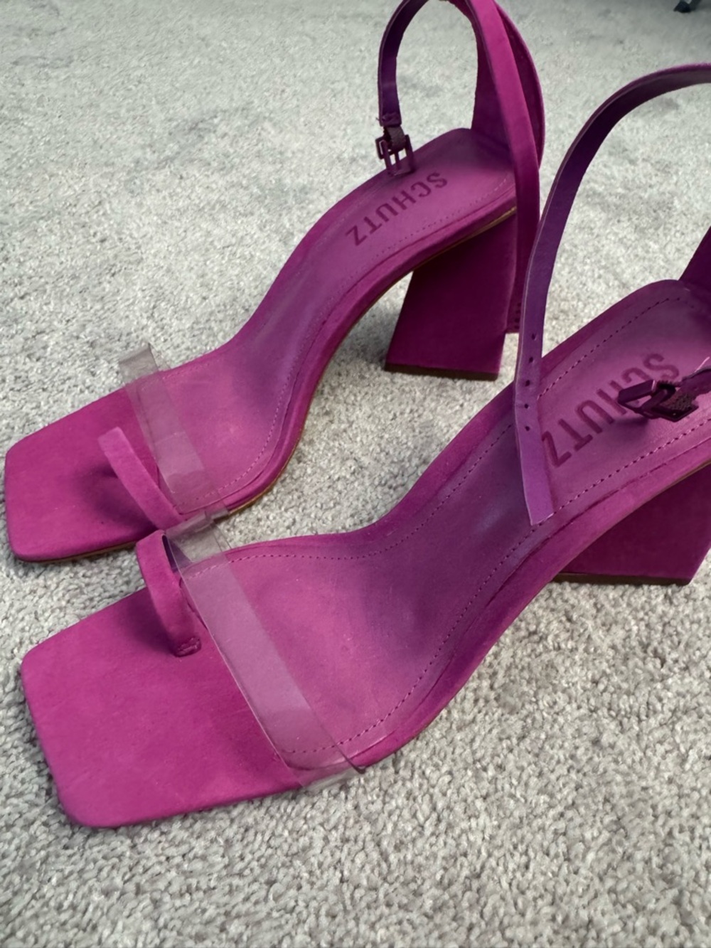 SCHUTZ Magenta Block Heel Sandals with Clear Straps
